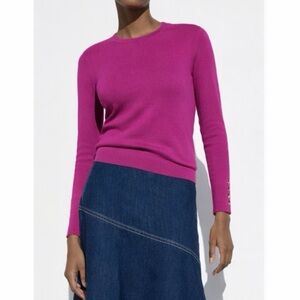 ZARA • Magenta Long Sleeve Crewneck Knit Sweater w/ Button Cuff Detail, S